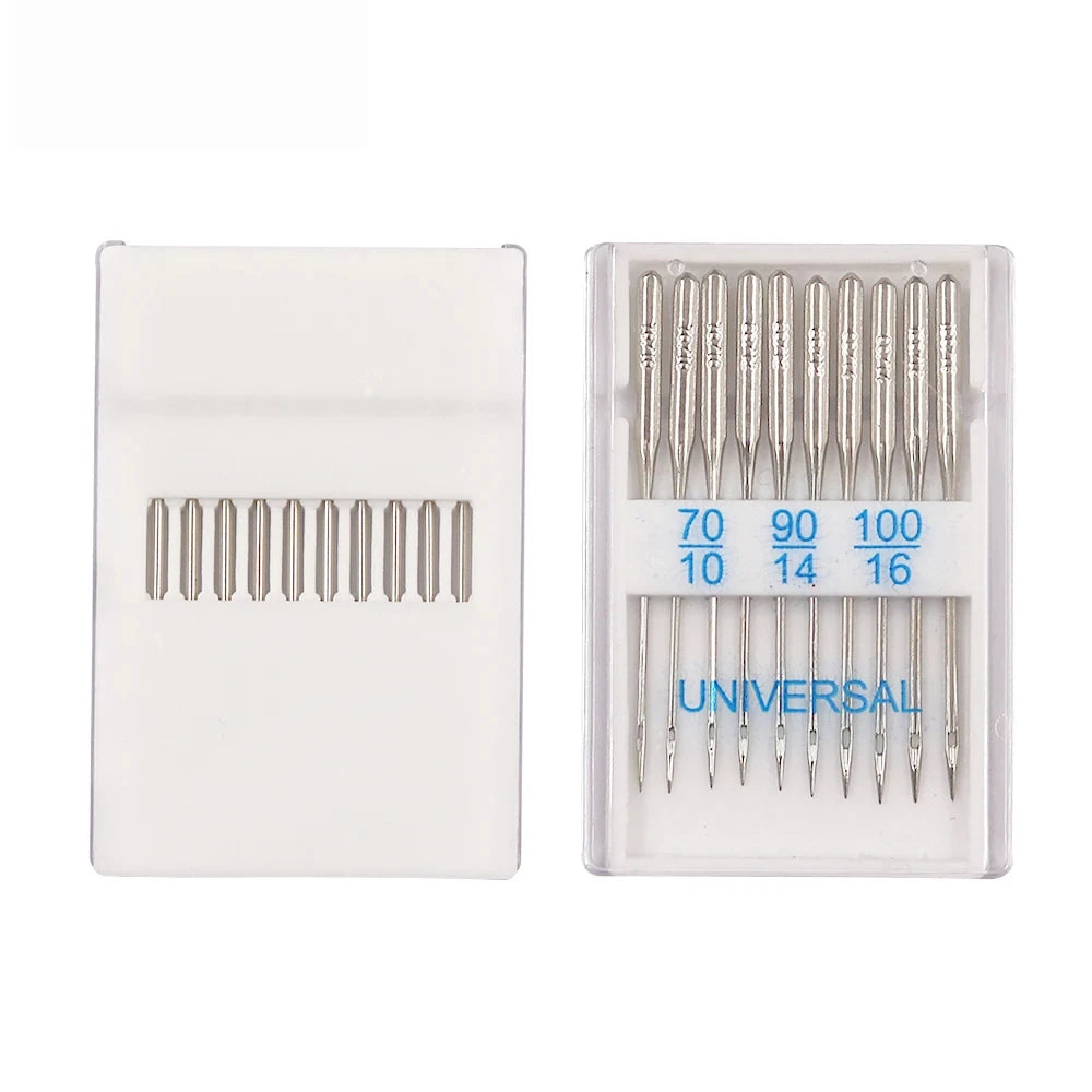 A set of precision sewing machine needles in various sizes, including 70, 90, 100, and universal needles.