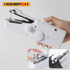 A hand is holding a white compact handheld electric sewing machine, showing the mechanism for sewing fabric.