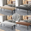Three variations of a stretchy velvet bench slipcover in beige, black, and brown placed in a bedroom setting.
