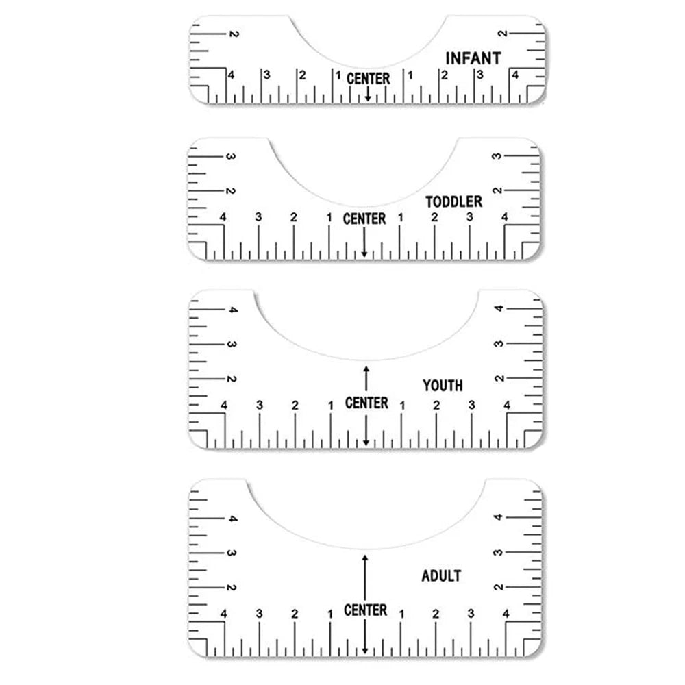 A set of alignment rulers showing measurements for Infant, Toddler, Youth, and Adult sizes.