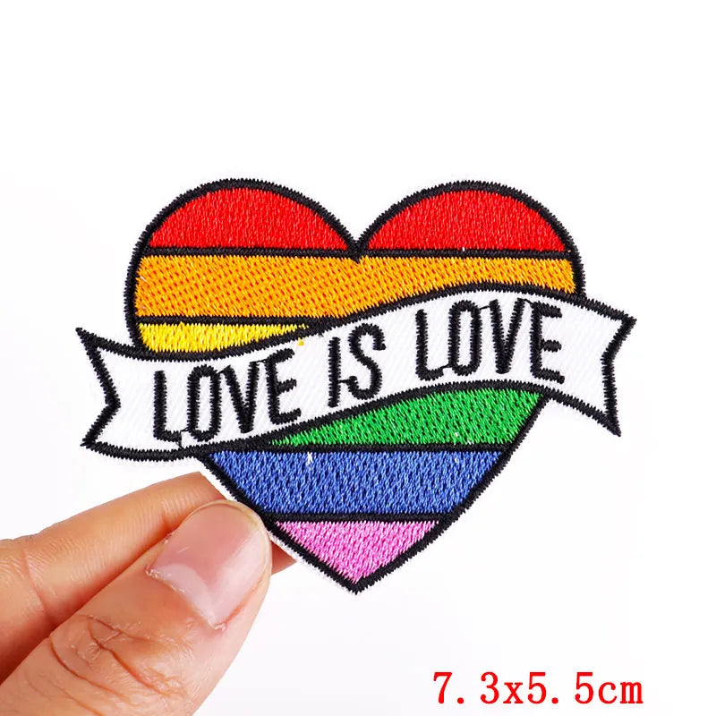 Rainbow heart patch embroidered with the text Love is Love