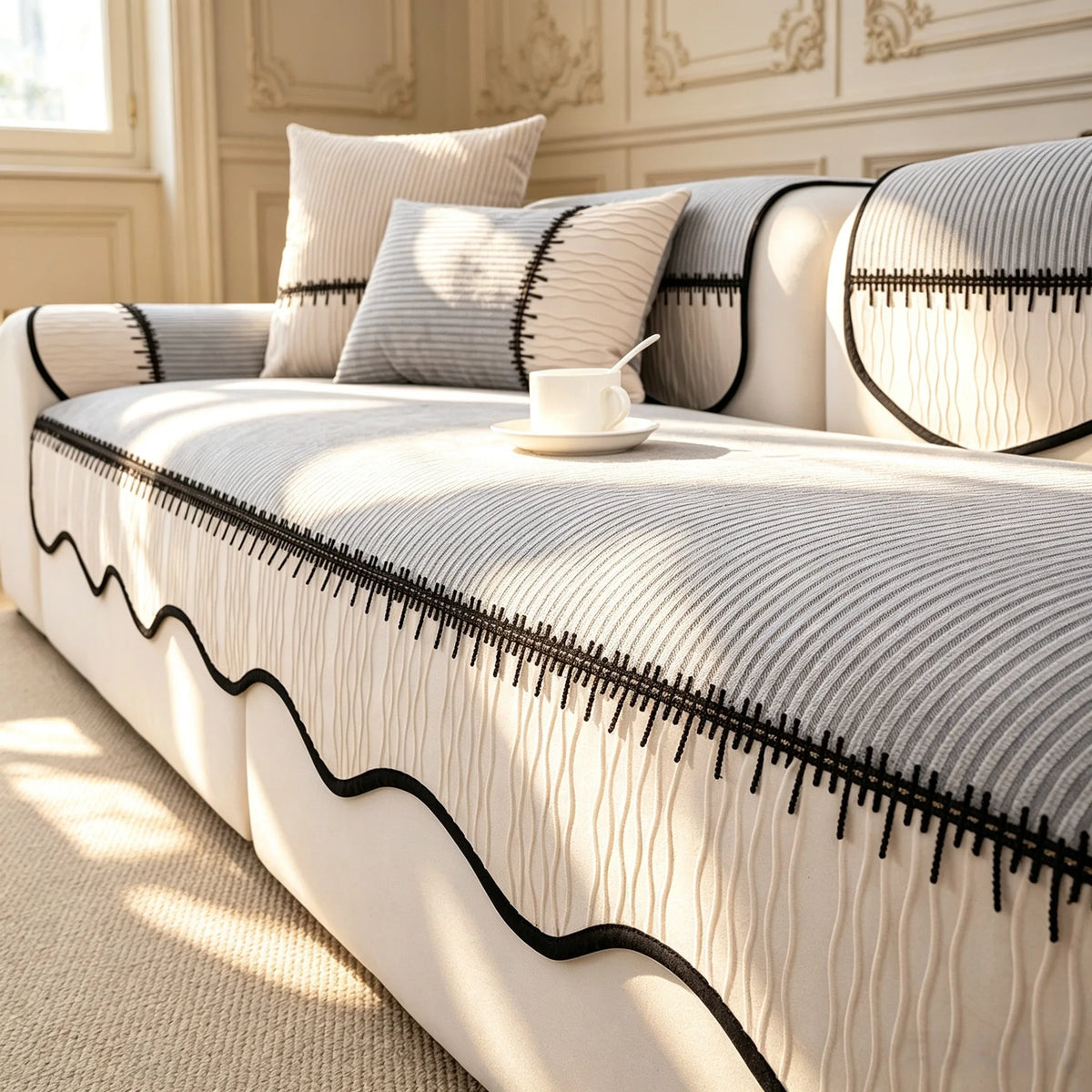 A light beige pleated sofa cover with black trim and striped fabric is displayed on a bed.