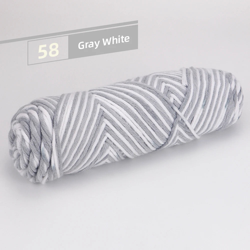 Gray white yarn in a striped pattern is tightly wound and shown on a white background.