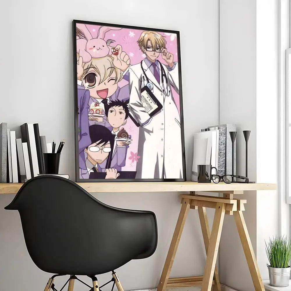 A framed poster featuring characters from Ouran High School Host Club in a modern art style.