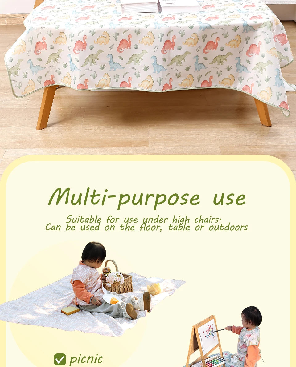 A multi-purpose play mat suitable for use under high chairs, shown being used outdoors.