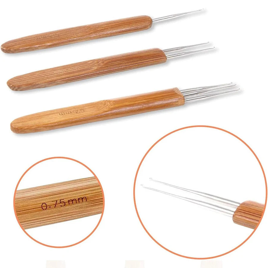 Three wooden crochet hooks with fine metal tips shown against a white background.