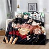 A throw blanket featuring characters from Jujutsu Kaisen anime, including Yuji Itadori and Megumi Fushiguro.