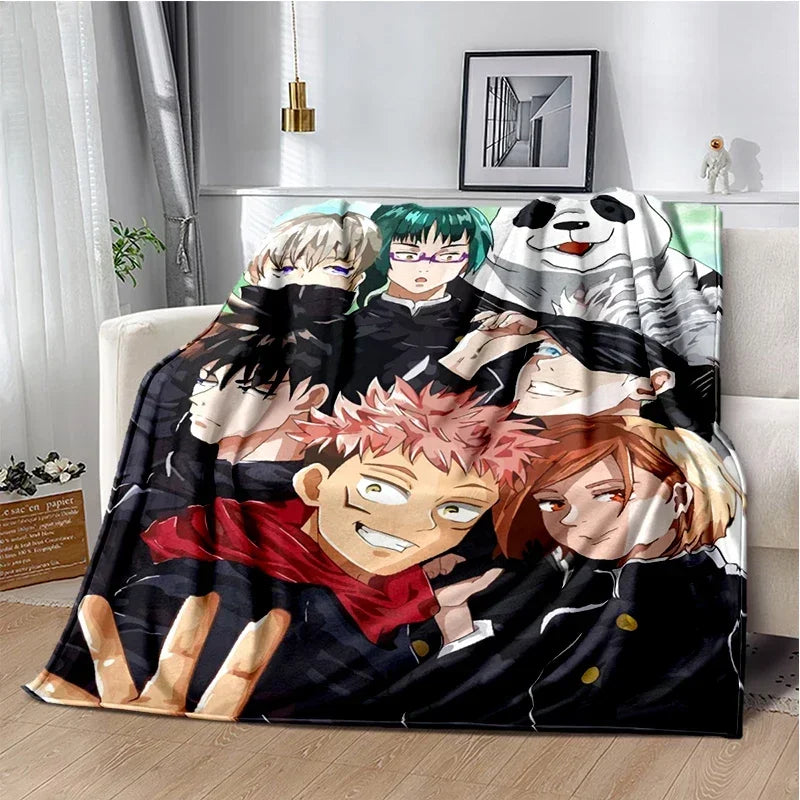 A throw blanket featuring characters from Jujutsu Kaisen anime, including Yuji Itadori and Megumi Fushiguro.
