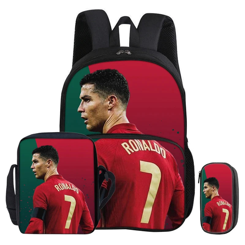 A red football jersey graphic on a black backpack featuring a portrait of Cristiano Ronaldo.