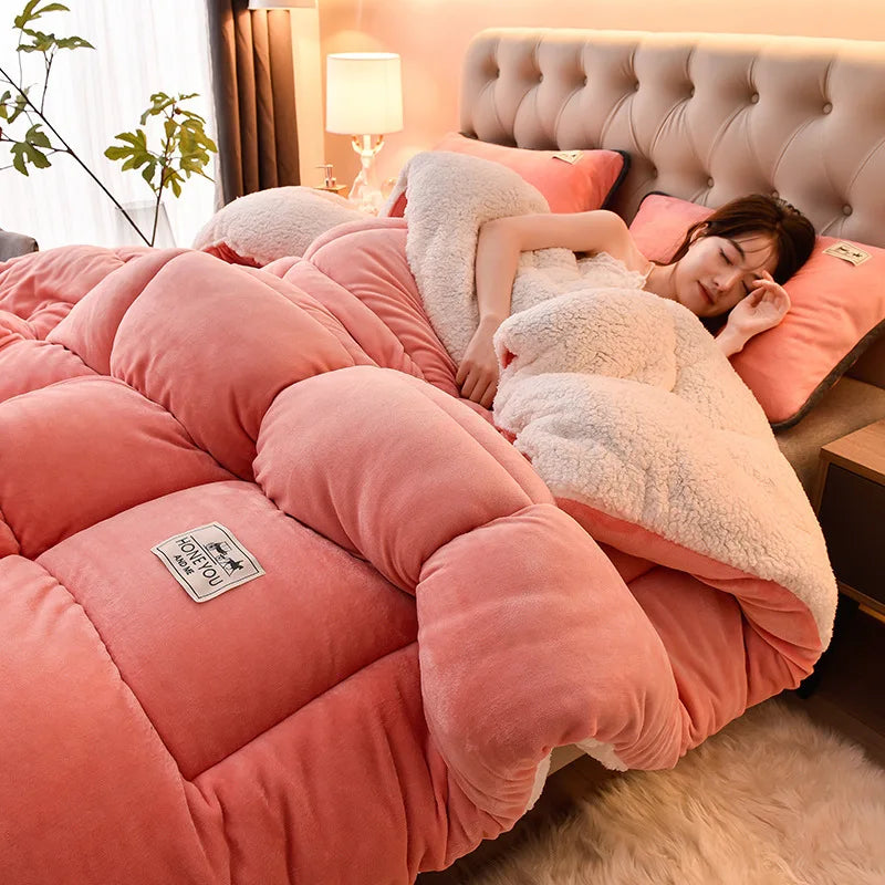 A pink and cream plush double-sided fleece blanket is displayed on a bed, featuring quilted sections and a decorative tag.