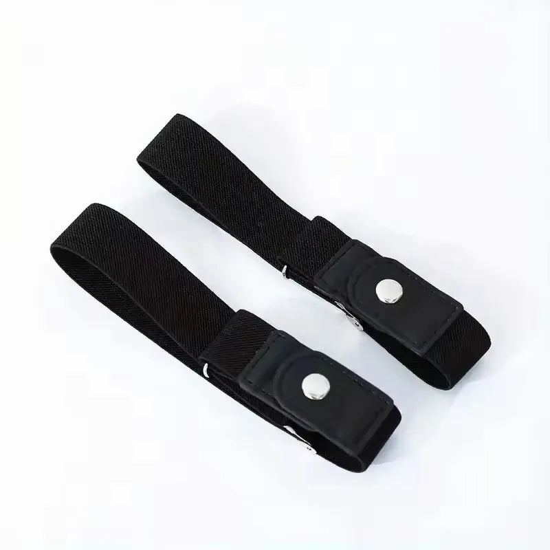 A black stretch elastic belt for pants and jeans shown flat.