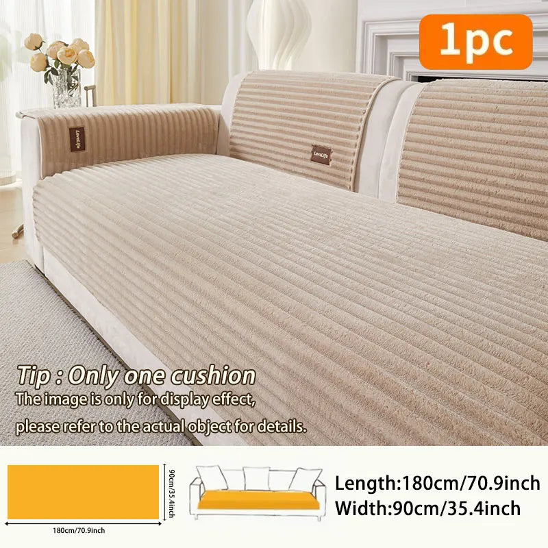 A beige striped sofa cushion shown on a white sofa, with dimensions provided.