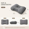 Gray ergonomic contour pillow shown from multiple angles with dimensions and a note on size variation.