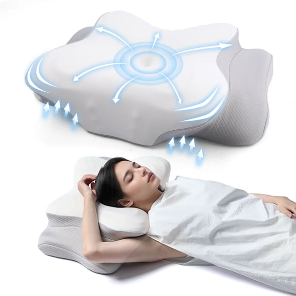 A white ergonomic memory foam cervical pillow is shown with blue light radiating from it, next to a person sleeping.