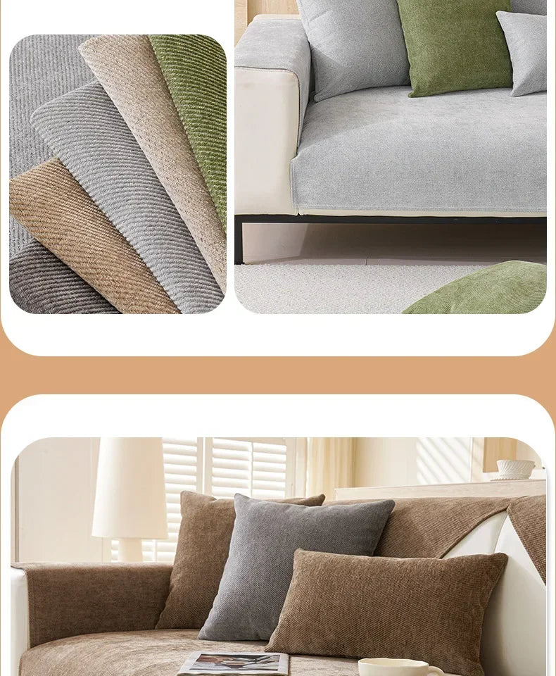 A close-up of various textured throw pillows in shades of green, beige, and gray displayed on a sofa.