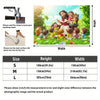 A set of three size banners for a religious character party banner, showing dimensions and instructions.