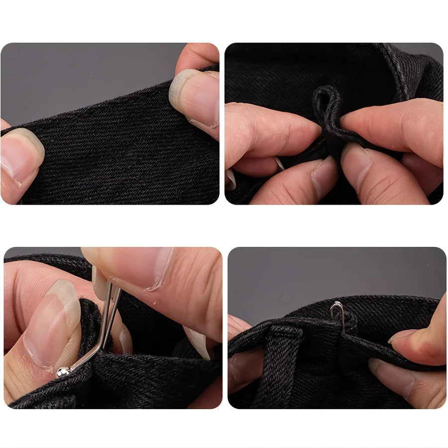 Close-up images showing how to use invisible metal lapel clips on black fabric for fastening