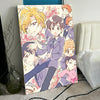 A vertical poster featuring anime characters in a modern art style with purple and pink tones.