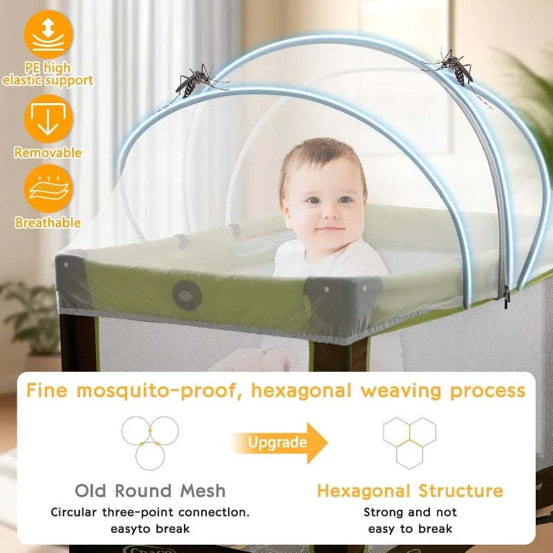 A portable bassinet mosquito net cover with a hexagonal weaving process for baby sleep.