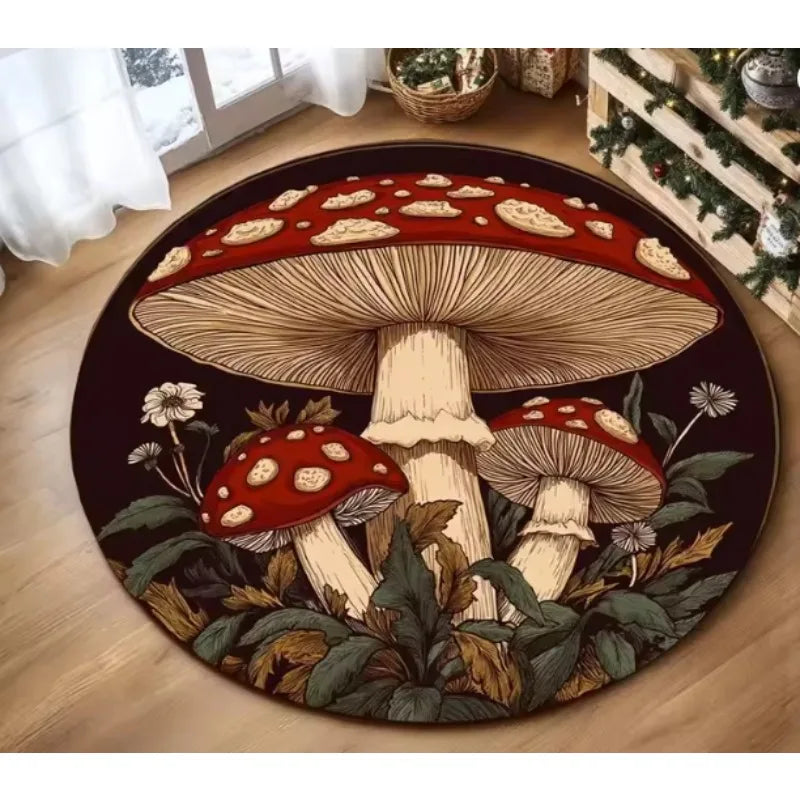 A round carpet featuring a detailed, earthy pattern of various mushrooms and foliage.