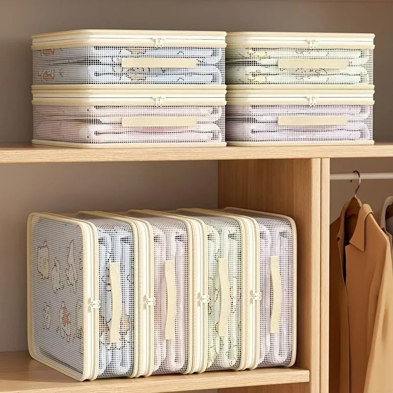 Two stacks of white and light-colored fabric storage bags on a wooden shelf.