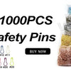 A collection of 1000 safety pins in various colors and shapes, including various sizes for knitting and sewing.