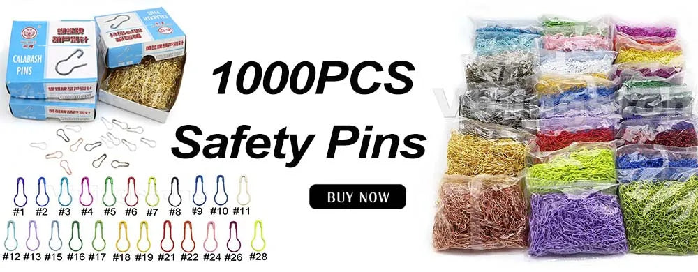 A collection of 1000 safety pins in various colors and shapes, including various sizes for knitting and sewing.
