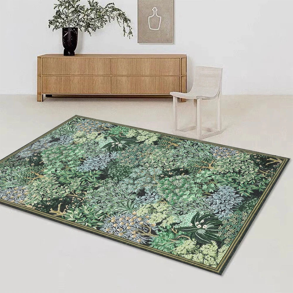 A rectangular botanical area rug featuring lush green and muted foliage patterns in a living room setting.