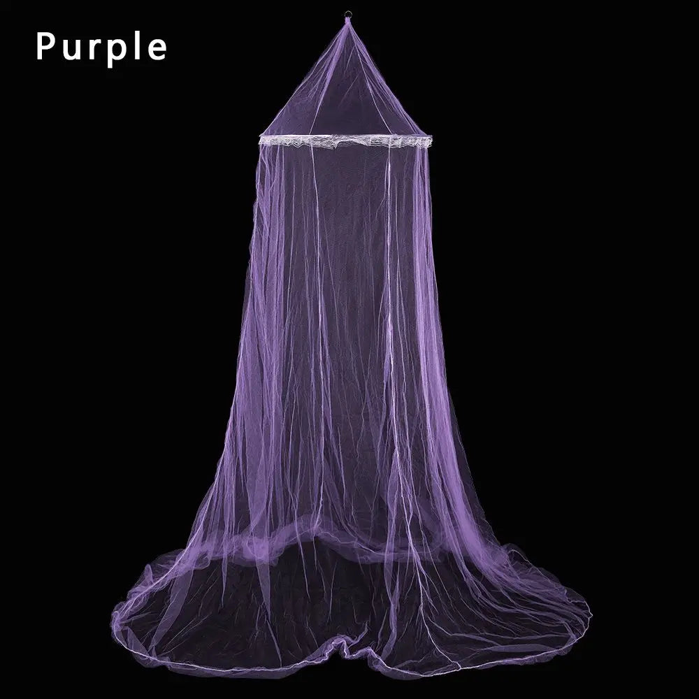 A purple lace dome mosquito net canopy shown against a black background.