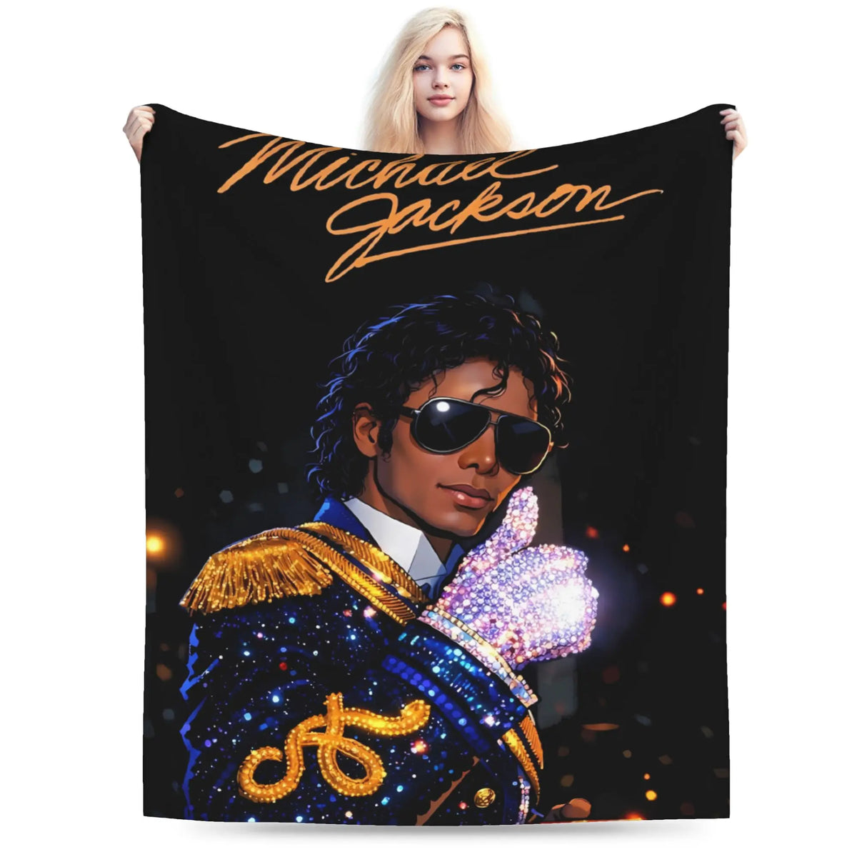 A black blanket featuring a graphic of Michael Jackson and a blonde woman.