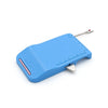 A light blue magnetic seam guide with a stitch gauge for sewing.