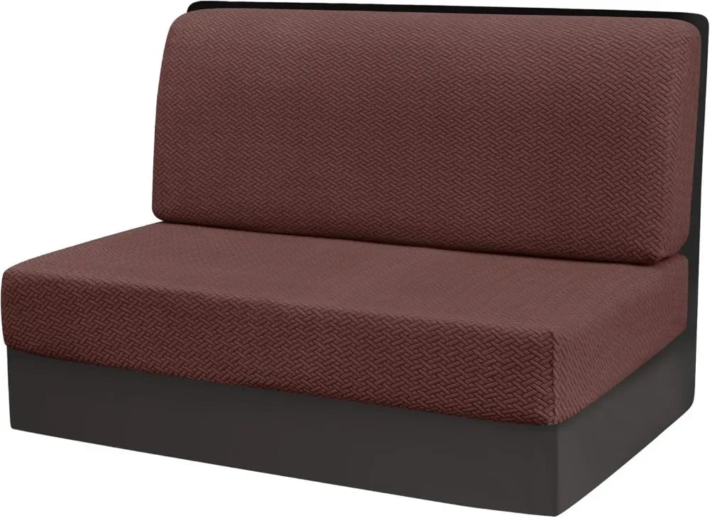 A dark brown stretch jacquard seat cover for vehicle upholstery.