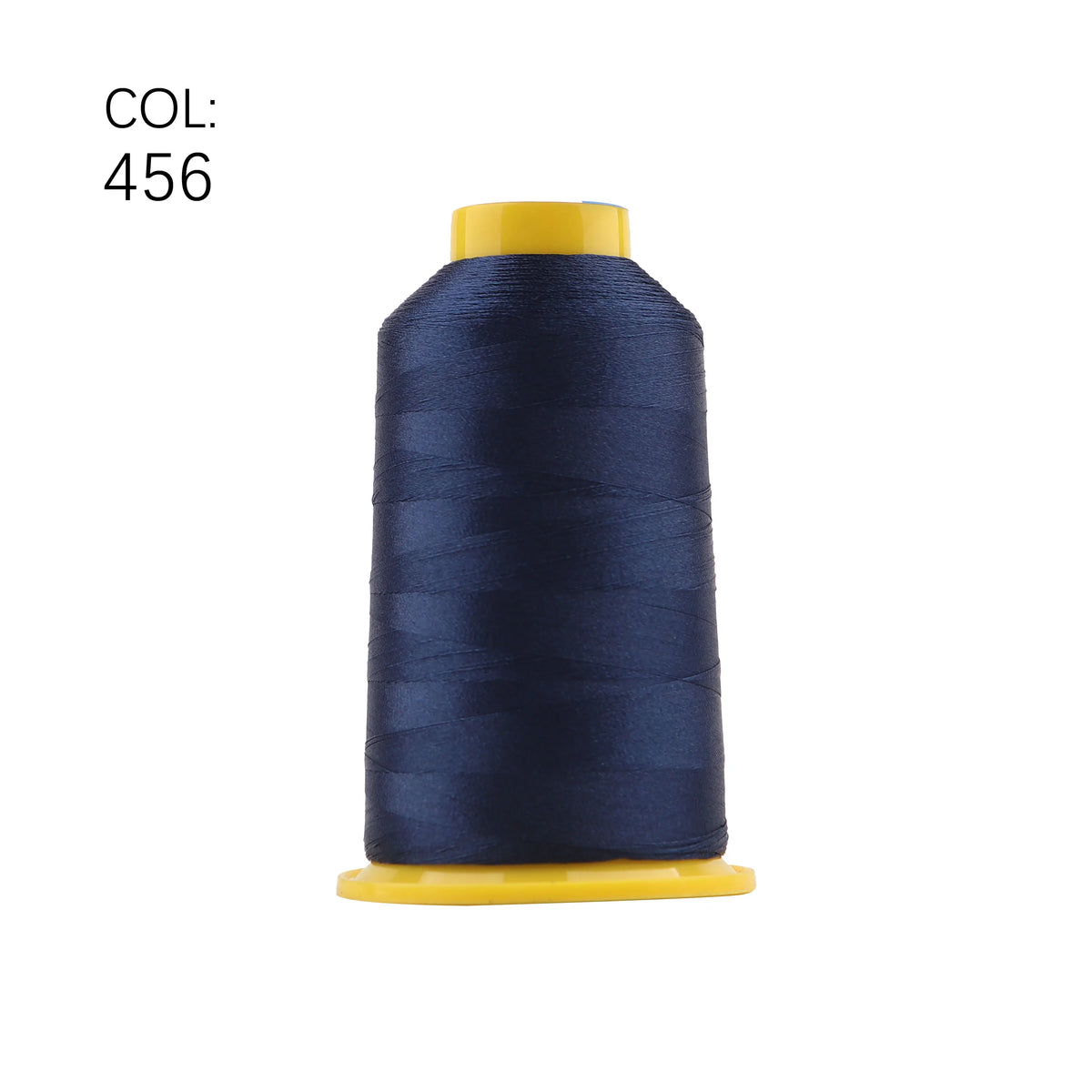 A spool of dark blue high tenacity polyester embroidery thread with a yellow core.