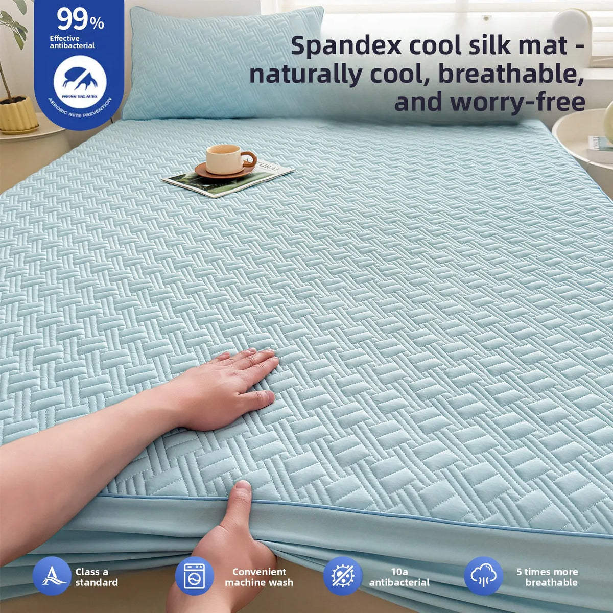A hand touches a light blue spandex cool silk mat mattress protector on a bed, highlighting its antibacterial and breathable 