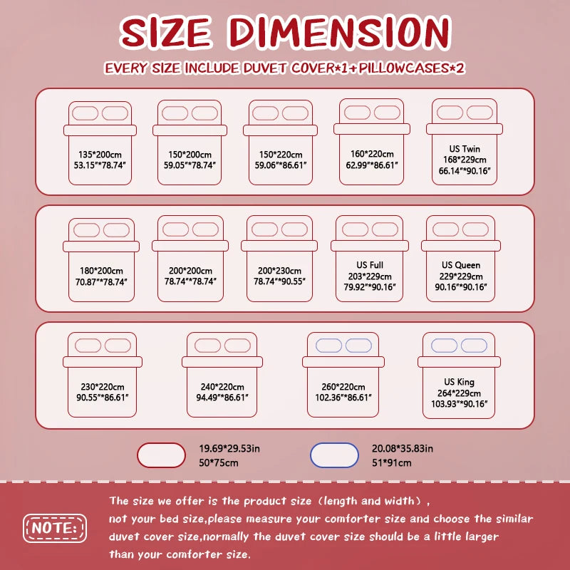 A size dimension chart showing various duvet cover and pillowcase sizes with corresponding measurements.