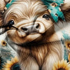 Close-up of a Highland cow face with light brown fur and a teal leopard print bow.