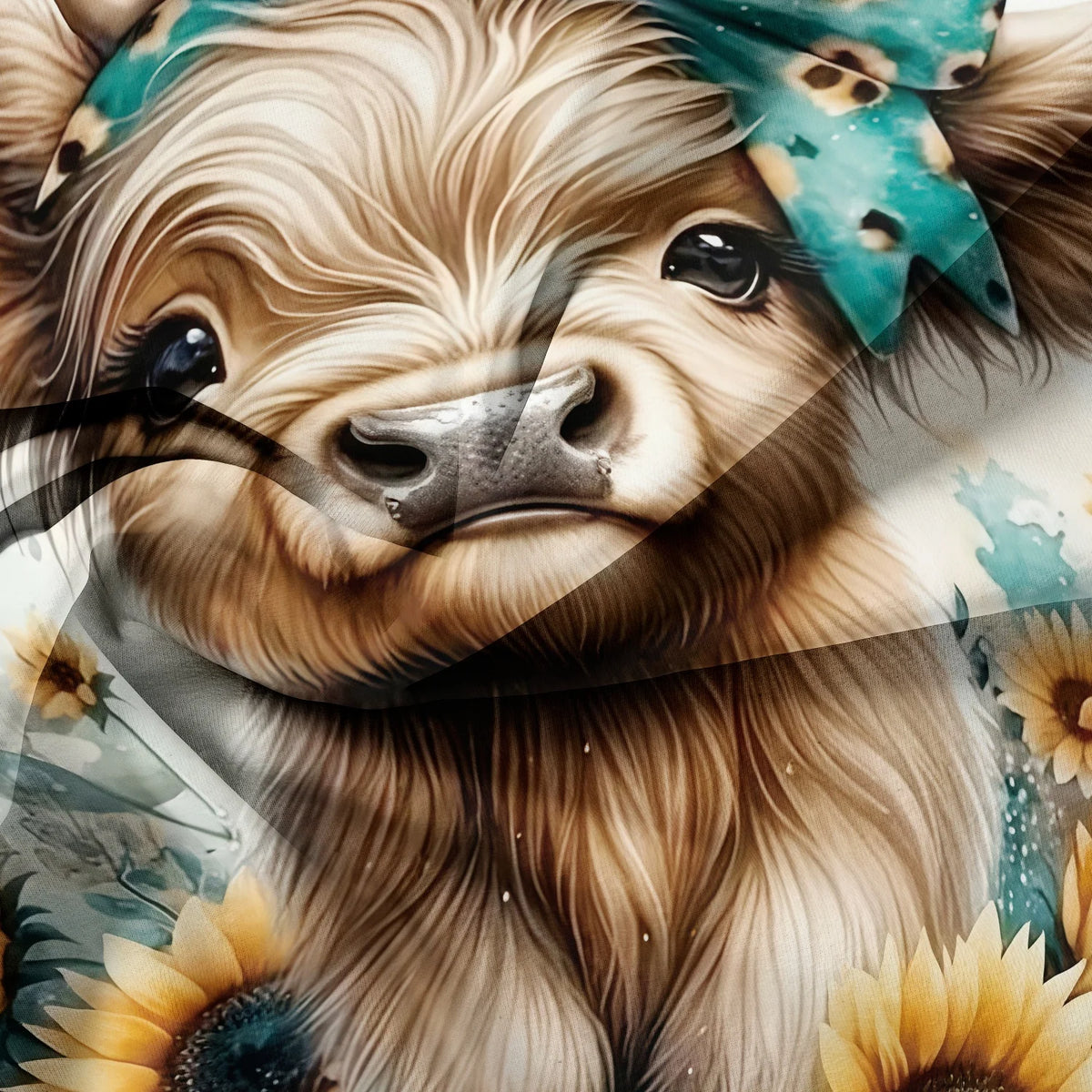 Close-up of a Highland cow face with light brown fur and a teal leopard print bow.