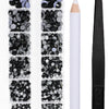 A clear plastic box containing a set of black and silver crystal hot fix rhinestones and an applicator tool.