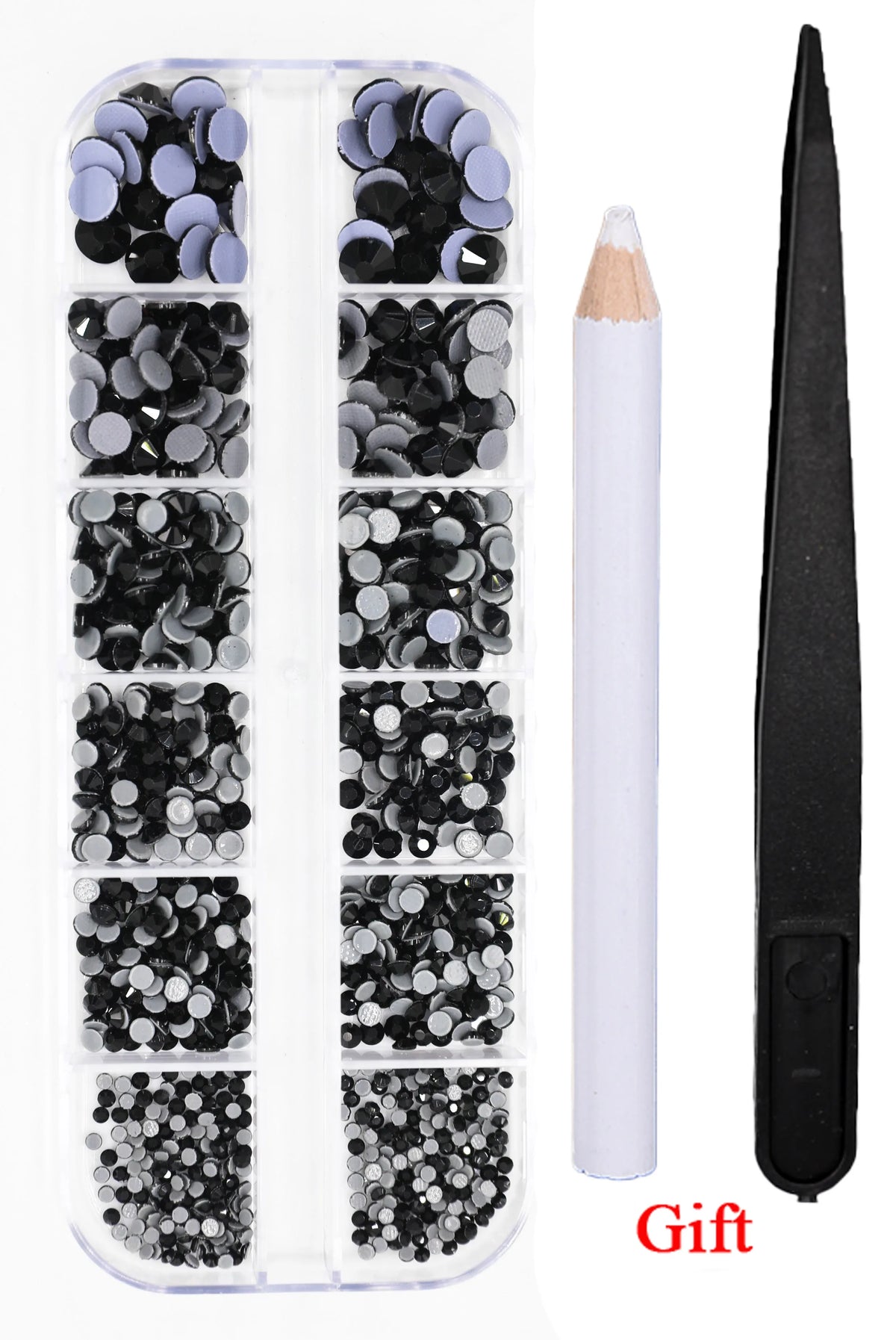 A clear plastic box containing a set of black and silver crystal hot fix rhinestones and an applicator tool.