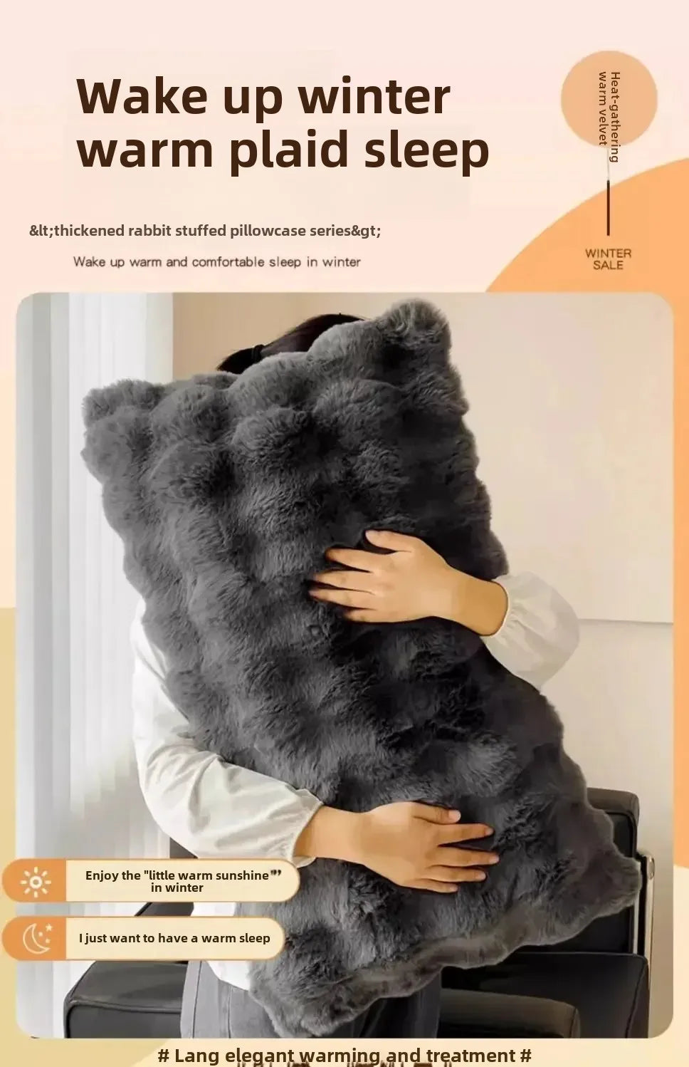 A person is holding a thick, gray faux fur pillow cover, demonstrating its warmth for winter sleep.