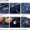 Step-by-step instructions showing how to install replacement metal buttons on denim fabric.
