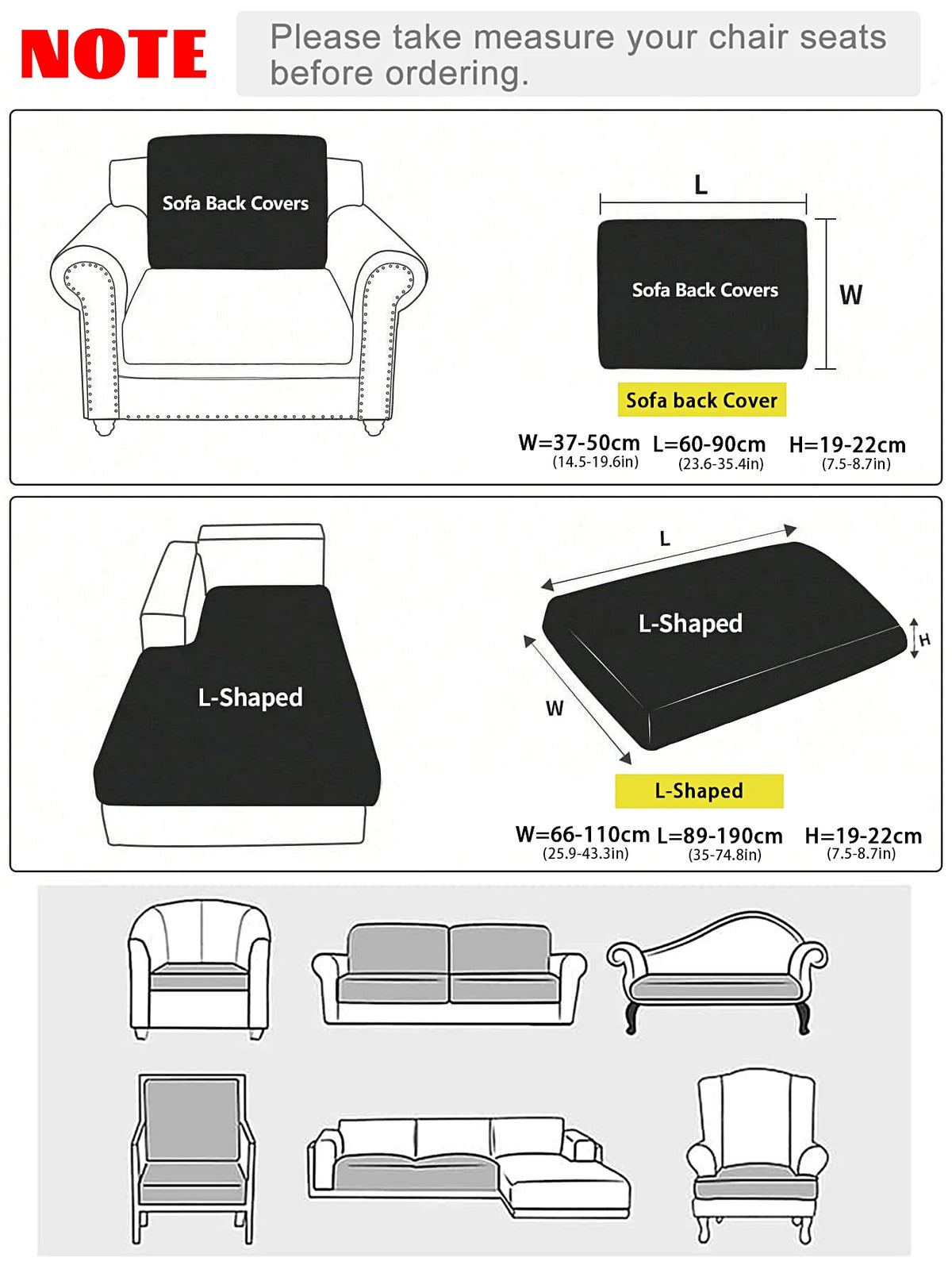 Diagrams showing measurements and shapes for sofa back covers, L-shaped covers, and various sofa styles.