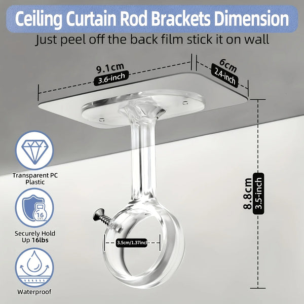 Clear silicone curtain rod brackets with a transparent PC plastic rod and a secure hold for installation on a wall.