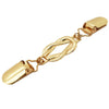 A gold-colored garment clinching clip with a braided chain and a rectangular clasp.