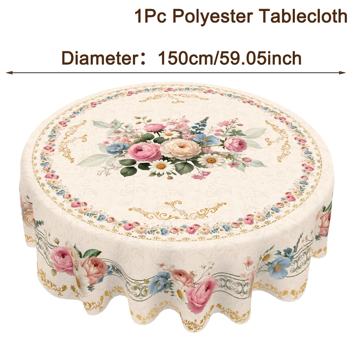 A round polyester tablecloth featuring a vintage floral pattern of pink and cream roses and sunflowers.