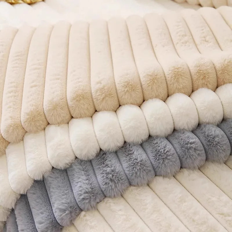 A close-up of a plush anti-slip sofa seat cushion cover in various shades of beige, cream, and gray.