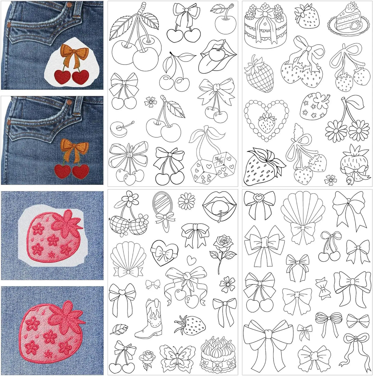 A collection of pre-printed embroidery patterns and decorative elements for water soluble embroidery stabilizers.