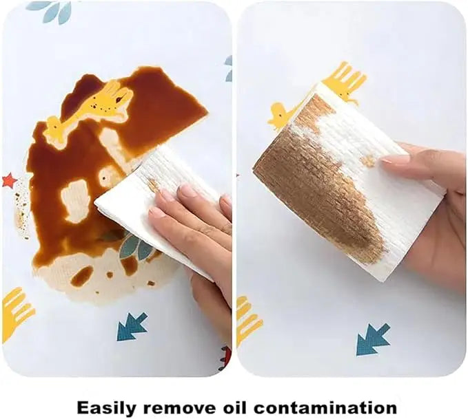 Hands are shown removing oil contamination from a refrigerator surface using a reusable waterproof dust cover.