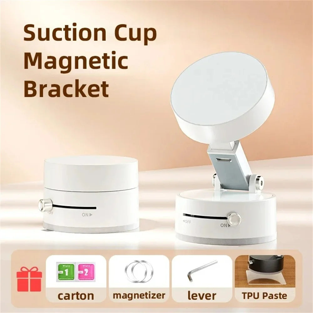 A white suction cup magnetic bracket product shown with its components including a carton magnetizer lever and TPU paste.