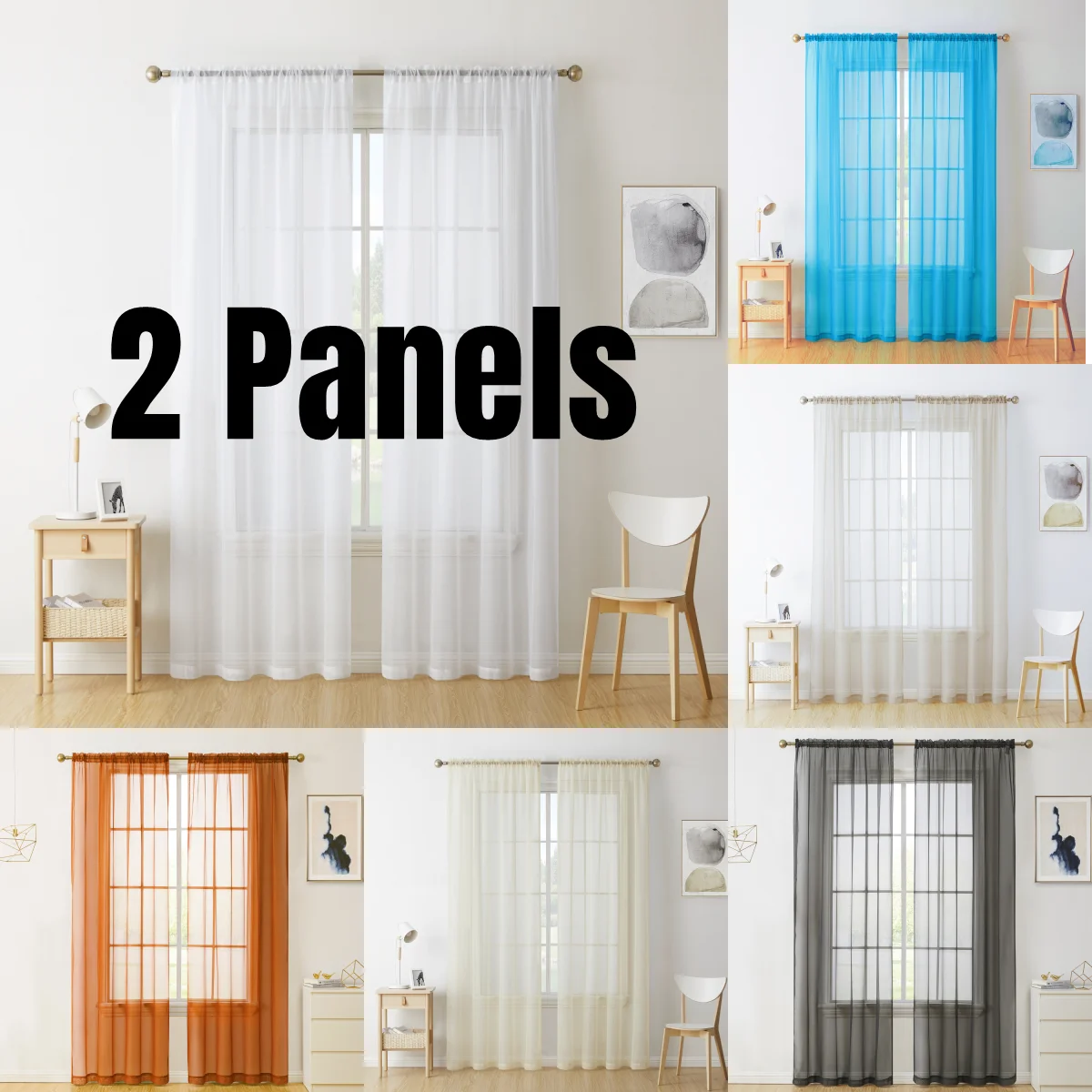 A set of two sheer white voile curtains displayed in a modern interior setting.
